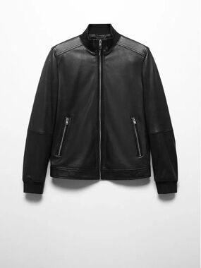 Mango Black Leather Bomber Jacket